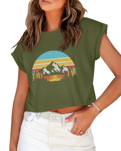 Image of Womens Crop Tops Summer Roll Cap Sleeve Cropped Tshirt Loose Fit Basic Tees