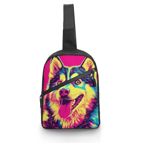 Colorful Husky Dog Art Chest Bag Foldable Crossbody Unisex Pack Travel Hiking Adjustable Shoulder Straps Sling Bags