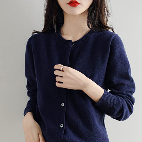JIANGZ Cardigan Femme,Mode Couleur Unie Bleu Marine Col Ras du Cou Cardigan Pull Tricoté Doux Coupe Slim Manteau À Manches Longues Pull Ouvert Devant Survêtement Veste Cardigans pour Femmes,L