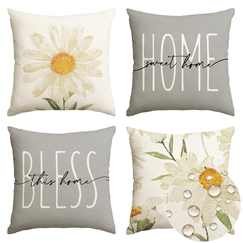 AVOIN colorlife Spring Summer Flowers Outdoor Waterproof Throw Pillow Covers, 18 x 18 Inch Grey Home Sweet Home Holiday Seasonal Decorative Cushion Cases for Patio Furniture Garden Set of 4