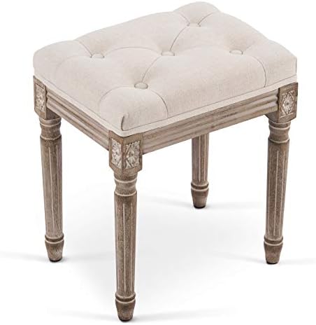 VONLUCE French Vintage Foot Stool with Rustic Wood Legs and Padded Seat, Upholstered Vanity Stool Piano Stool and Entryway Bench, Tufted Fabric Ottoman Stool for Bedroom Living Room More, Beige