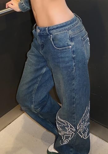 Women’s Low Rise y2k Jeans Baggy Butterfly Diamond Straight Wide Leg Vintage Denim Pants Fashion Streetwear3