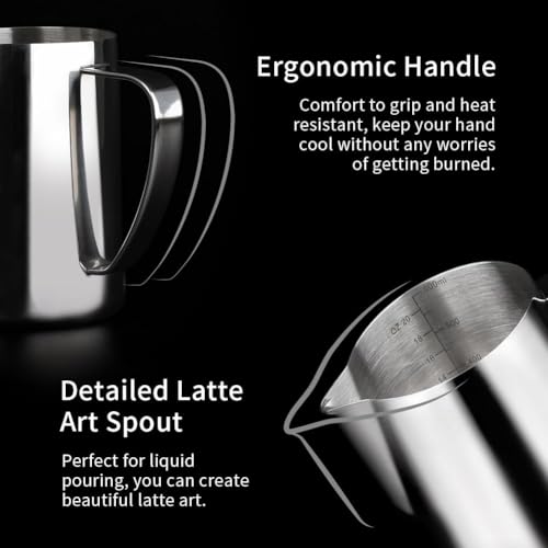 Image of watchget Milk Frothing Pitcher 20oz Stainless Steel Latte Art Milk Jug | Espresso Steaming Pitcher, Milk Coffee Cappuccino Latte Art Barista Steam Pitchers,Barista Coffee Bar Accessories, Silver