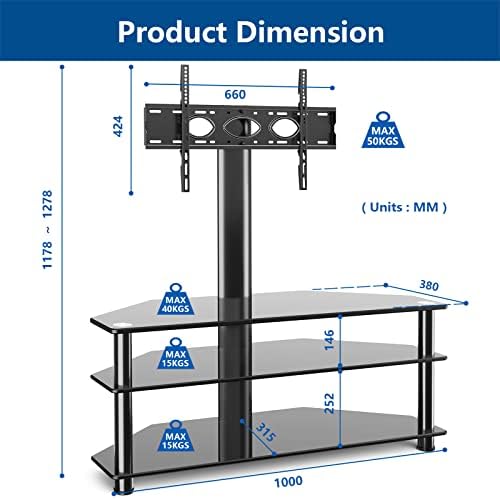RFIVER Universal Corner TV Stand for 32 40 42 43 49 50 55 65 70 inch TV, Swivel TV Floor Stand with Tempered Glass Shelves max VESA 600x400mm