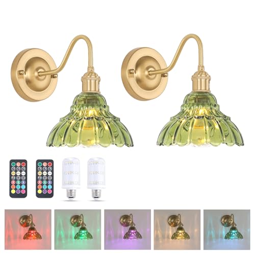 Image of Shenmoyl Battery Operated Wall Sconce Set of 2, Vintage Rechargeable Wall Lights with Green Lily Glass Shade, Wireless Indoor Wall Lamp with Remote for Bedroom Living Room Bathroom