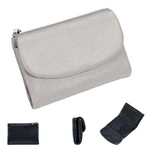 Unisex Pebble Leather Wallet - Small Wallets for Women, 5.3 * 3.9in, Soft Portable, Small Compact, Bifold Leather Coin Purse with Credit Card Holder (Gray)