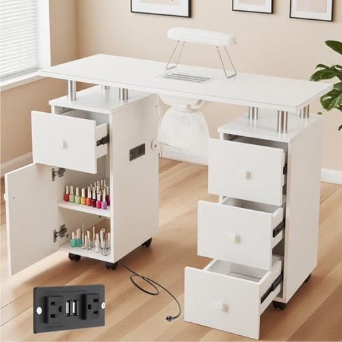White Nail Desk Nail Tbale for Nail Tech, Manicure Table w/Electric Dust Collector, 4 Drawer&1...