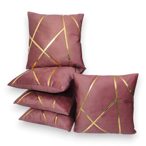 Image of Zikrak Besur Gold Stripe On Velvet|Pack of 5 Cushion Cover|for Home Decoration|Living Room Decor|Hotel Premeuim Qulaity Cushion Cover|Exclusive ON Amazon (Dusty-Pink, 22 X 22 INCH(55 X 55 CM))
