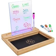 ENHANCE LED Writing Score Board & Dice Tray for Table Games - Dice Rolling Tray with 7 LED Colors, Touch Control, 4 Color Marker Set, Eco-Friendly Bamboo Wood Base - Perfect for Game Night, MTG, RPGs