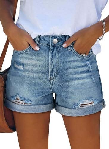 Image of onlypuff Womens Jean Short Cut Off Denim Shorts High Waist Ripped Distressed Stretchy