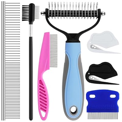 7 Pack Pets Grooming Brush Comb Kit,Double-Side Deshedding Dematting Dog Brush,Undercoat Rake for Dogs & Cats,with Metal Comb,Flea Comb,Open Knot Comb,Fine-Teeth Comb,Tear Stain Remover Comb