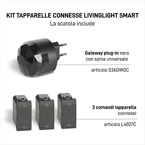 BTicino Kit Tapparelle Connesse Livinglight Smart SL3602KIT, Per Alzare/Abbassare le Tapparelle con App o Assistenti Vocali, 1 Gateway Plug-in Nero S36GWGC e 3 Comandi Tapparella Antracite L4027C