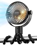 Coohea Stroller Fan Rechargeable Battery Powered Portable Fans, Head Detachable 360° Rotatable Clip on Fan, 3 Speed Quiet Small Mini Fans with Light Night for Carseat, Bed, Crib, Bike, Travel, Black