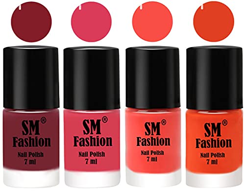 Image of Nail Polish Combo Set (Pack of 4) Quick Dry Gel Finish Nail Paint | Lip,Rose,Coral,Reddish Orange | 7 ml Each