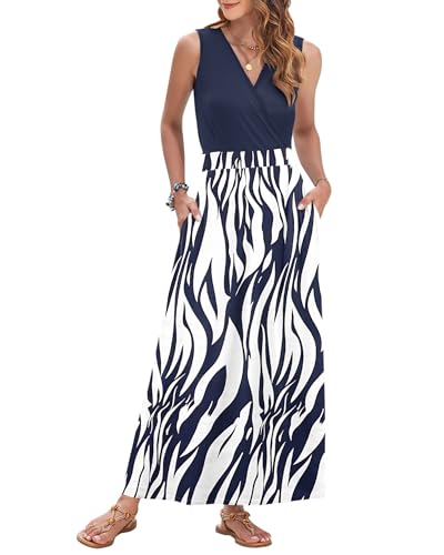 Image of AUSELILY Womens Maxi Dress Summer Sleeveless Wrap Long Dresses with Pockets | V-Neck Wrap Sleeveless Sundress, fits formal, casual, beach, vacation & daily wear