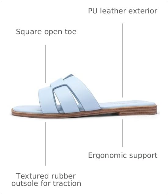 Image of Flat Sandals for Women Comfortable Slip On Dressy Summer Leather Slides with Square Open Toe