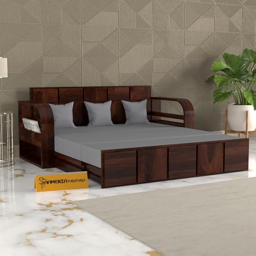 Image of Mamta Furniture Sheesham Wood Sofa Cum Bed with Storage for Living Room Bedroom | Wooden Diwan Sofa Set with Grey Mattress | Solid Wood Sofa Bed in Walnut Finish
