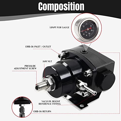Yeshma Efi Fuel Pressure Regulator Kit Universal Adjustable With 0-100Psi Pressure Gauge An6-6An Fuel Line Fitting Aluminum (Black) #TOP3