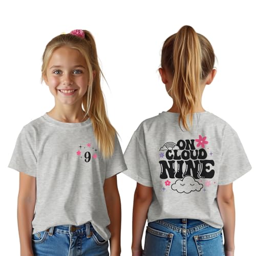 Image of 9th Birthday Shirt Girl On Cloud Nine Graphic Tee 9 Year Old Birthday Party T-Shirt Girl Summer Short Sleeve Top