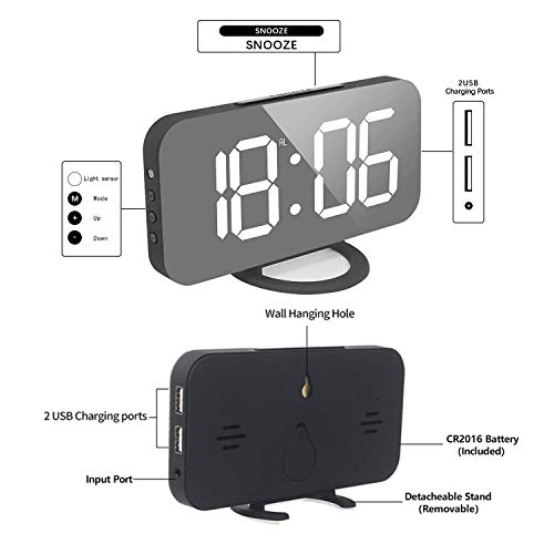 Miowachi Digital Alarm Clock,Large Mirrored Led Clock,Snooze,Dim Night Light 2 Usb Charger Ports Desk Alarm Clocks For Bedroom Decor (Black) #TOP4