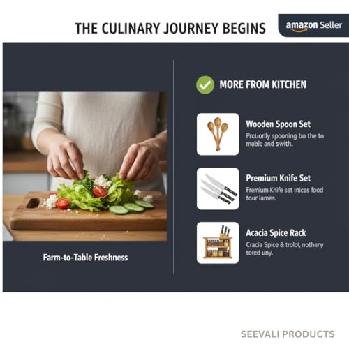 Image of Natural Wood Cutting Board, Acacia Hardwood, 34x24cm, Knife-Friendly Surface, Integrated Handle, Warp-Resistant, Rectangular Kitchen Chopping Block