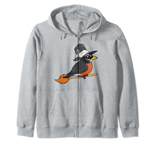Cute Bird Halloween Design Cartoon American Robin as Witch Zip Hoodie