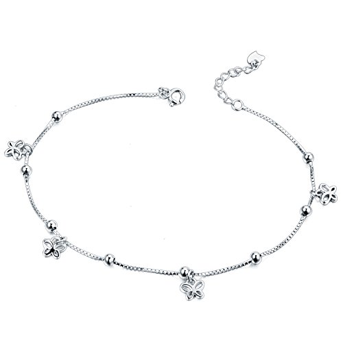 Preisvergleich Produktbild ZENI JEWELRY Damen Fußkettchen 925 Sterling Silber Schmetterling Kugel 24cm Verstellbare Fußkette, Sommer Strand FußSchmuck für Frauen Nickelfrei