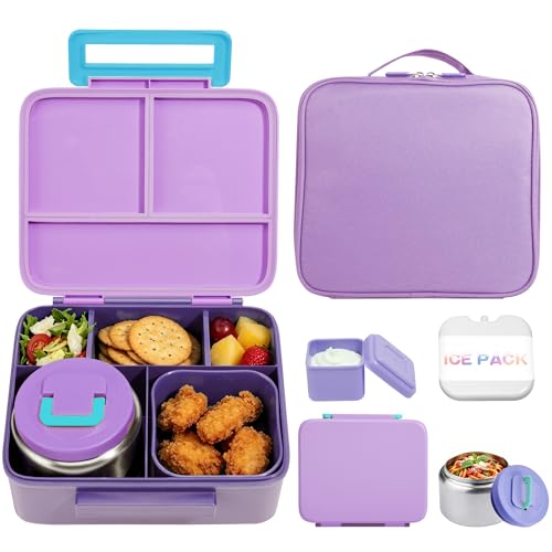 Bento Lunch Box for Kids with 8oz Soup Thermo Leak-Proof Lunch Food Containers with Snack Sauce Container for Kid Girls Boys to School,Purple Bag