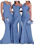 One Shoulder Bridesmaid Dresses Mermaid Dusty Blue Formal Dresses Satin Long Prom Dress Pleated for Women Wedding Size 12