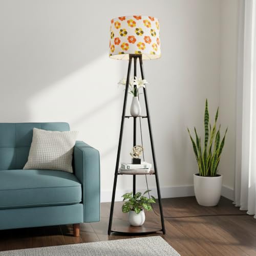 Image of Tripod Metal Floor Lamp with Shelves Stylish Standing Lamp for Living Room Decoration Bedroom Corner Stand Aesthetic Home Decor LED Bulb Included Retro Flower