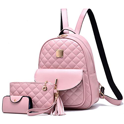 I IHAYNER Mochila feminina acolchoada de design simples para mulheres, 3 peças, bolsa de couro para mulheres, mochila pequena, rosa, Medium, Mochilas de viagem