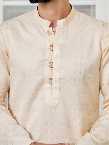 Image of See Designs Men's Full Sleeve Mandarin Collar Floral Embroidered Mandarin Collar Thread Work Straight Long Kurta with Pyjama - Festive Collection