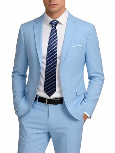MOGU Suit for Men Solid Color Fit Formal 2 Piece Dress Tuxedo Set with Jacket Pants Tie (Large Light Blue)
