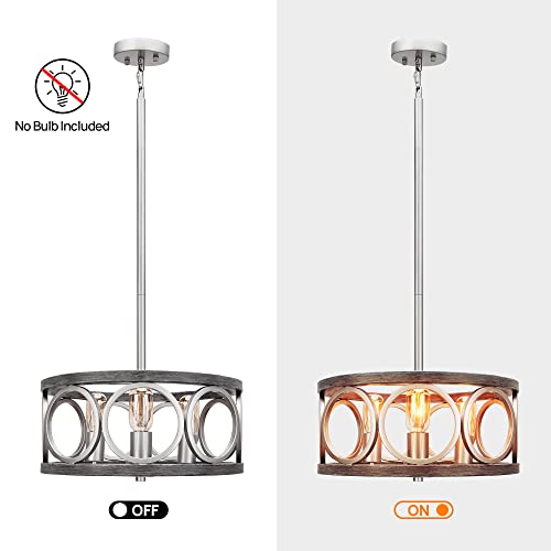 16'' Drum Chandelier, 3-Light Adjustable Height Round Dining Room Chandeliers, Brushed Nickel Gray Wood Grain Finish, Farmhouse Ceiling Light For Living Room Bedroom Kitchen Hallway Stairwell #TOP3