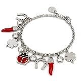 BRACELET PORTE-BONHEUR ACIER INOXYDABLE: Ce bracelet en acier inoxydable argenté combine une multitude de symboles porte-bonheur : corne bicolore, fer à cheval, trèfle à quatre feuilles et coccinelle, pour vous accompagner avec style et positivité.