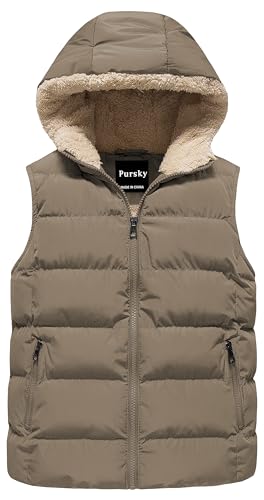 Pursky Girl's Heavy-Weight Cotton Puffer Vest Fleece Lined Gilet Jacket For Toddler Boys Kids Winter Gilet Coat Khaki 14/16