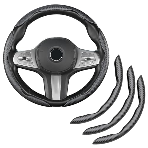 Temmis 3PCS Car Carbon Fiber Steering Wheel Cover, Thin Segmented & Butterfly Design, Universal 99% Car Wheel Cover Protector-Black
