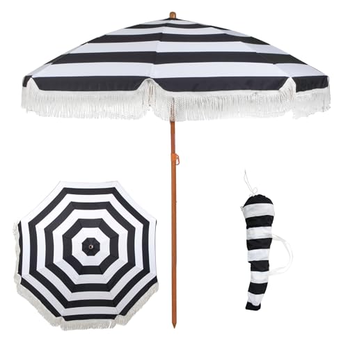 Punchau 6 Ft Fringe Patio Umbrella - Outdoor Umbrella for Patio, Pool, Table, Garden, Deck, & Beach - Push Button Tilt Pole - Fashionable Boho Vintage Tassels & Wood Print - Black & White by Punchau - Used condition - US$29.99