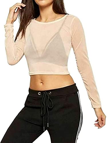 FAIRY BOUTIQUE Top corto de malla transparente para mujer, de manga larga, cuello redondo, elástico, transparente, sexy, para fiesta en la playa, color carne, 40-42 Cover