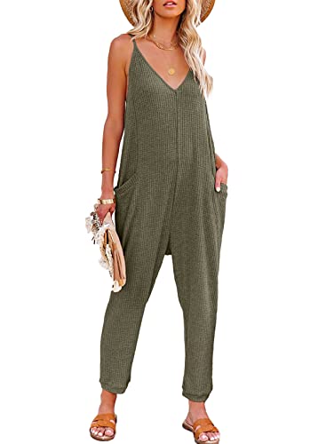Alvaq Casual Green Jumpsuits For Women Dressy Sleeveless Adjustable Spaghetti Strap Loose Solid One Piece Long Pant Romper Jumpsuit With Pockets Medium #TOP28