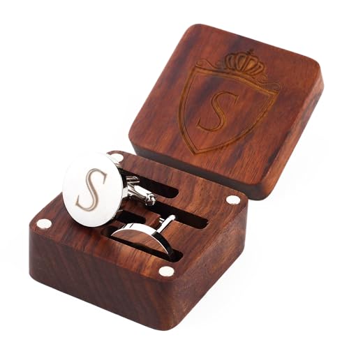 Image of Mens Initial Silver Cufflinks A-Z Alphabet Letter Steel Cuff Links with Engraved Walnut Wood Box Groom Groomsman Wedding Set