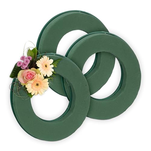 Relaxdays Steckschaum für Frischblumen 3er Set Ring Ø 25 cm Blumengesteck zum Basteln Schaumstoff Steckkranz grün
