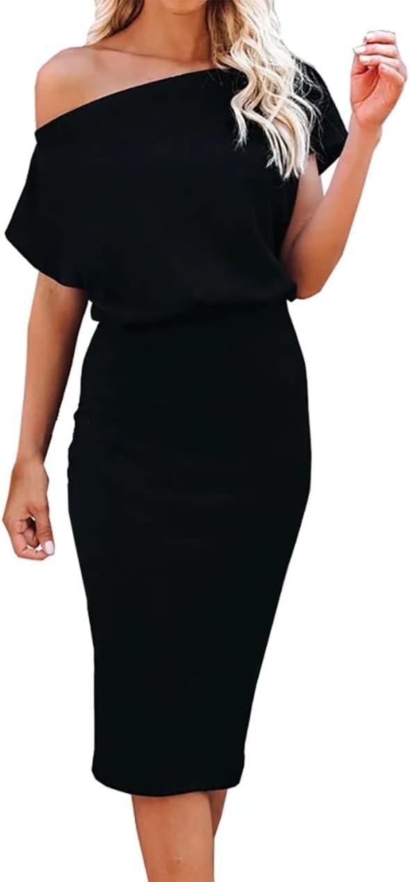 EZBELLE Women's Summer Dress Off The Shoulder Short Sleeve Ribbed Casual Party Bodycon Midi Dresses