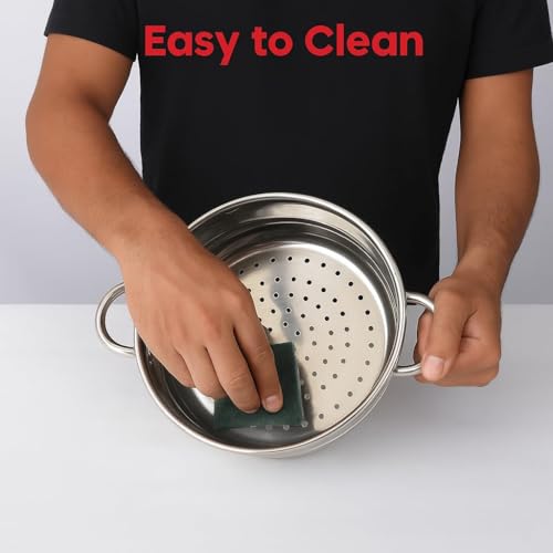 Pristine Stainless Steel Tri Ply Induction Base 2 Tier Multi Purpose Steamer/Modak Maker with Glass Lid, 18cm, Silver