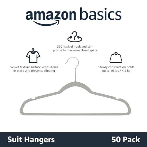 Amazon Basics Slim Velvet Non-Slip Suit Hangers -Grey, 50-Pack