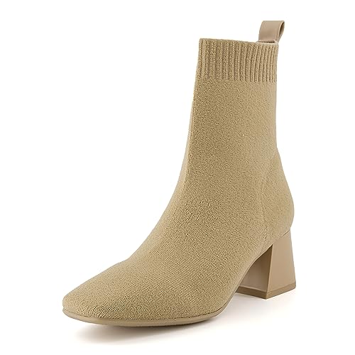 CUSHIONAIRE Women's Milo Stretch Ankle Sock Boot – Soft Knit Upper, Memory Foam Padding, Lightweight 1.75' Heel, Wide Widths Available, SAND, 6.5