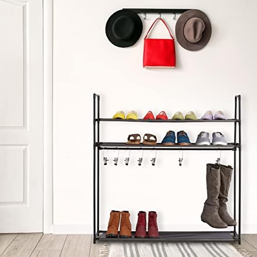 Relaxdays Shoe 3 Tiers, Plug-in System, 12 Pairs, 7 Boot Hooks, Metal & Fabric, Hallway Compact Storage Rack, Black, 70% steel 20% fleece 10% plastic, 101x100x30 cm