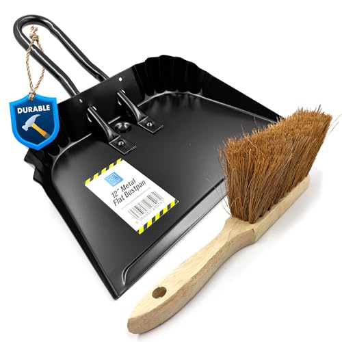 Metal Dustpan and Brush Set With Flat Lip for Better Floor Contact - Soft Hand Brush and Dustpan With Serrated Edges