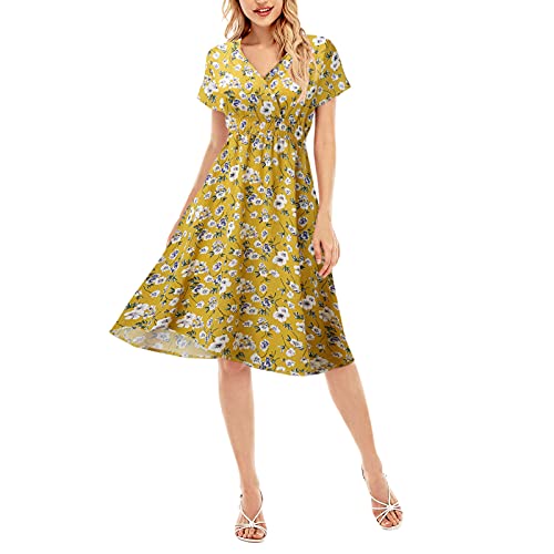 PMDKLSPQ Robe de mariage d'été col en V pour femme - Robe d'été décontractée à manches courtes - Robe à manches longues - Robe noire à épaules dénudées - Bla, Orange, S