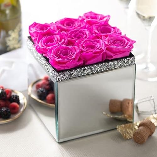 Soho Floral Arts | Large Mirrored Vase Pave Accent | Genuine Roses That Last For Years | Forever Roses In A Box (9Ct. Radiant Pink) | Mothers Day Gifts #TOP2